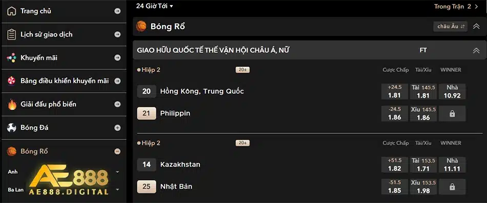 những loại kèo cá cược bóng rỗ phổ biến tại ae888