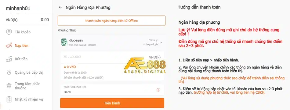 cách Chuyển khoản ngân hàng ae888