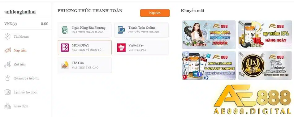 đa dạng hộ trợ nạp rút tiền đa dạng tại ae888