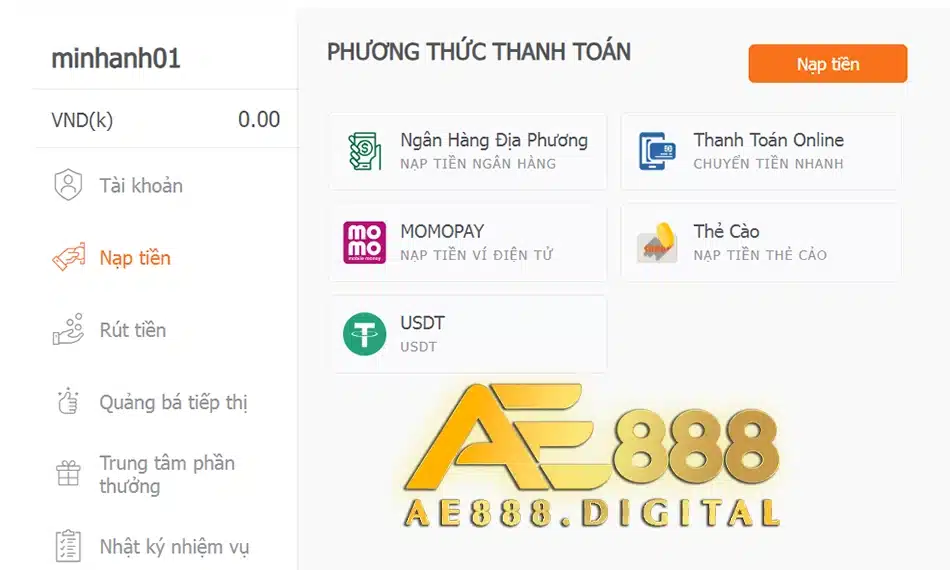 hướng dẫn Nạp rút tiền tại AE888